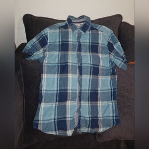 Haggar short sleeve navy teal plaid button up shirt mens sz large (070624D)